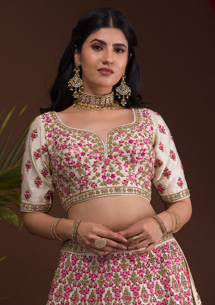 Cream Stonework Raw Silk Readymade Lehenga-Koskii