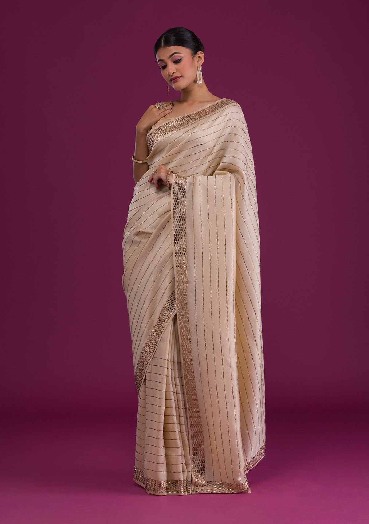 Cream Stonework Satin Unstitched Saree-Koskii