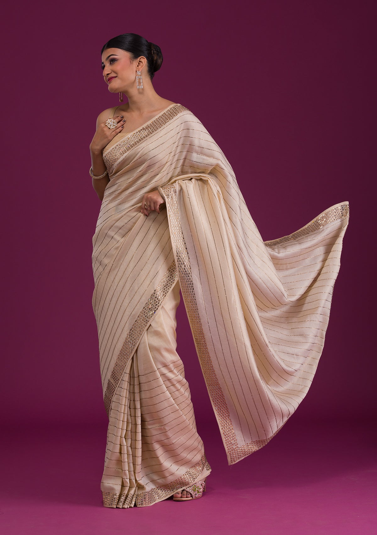 Cream Stonework Satin Unstitched Saree-Koskii