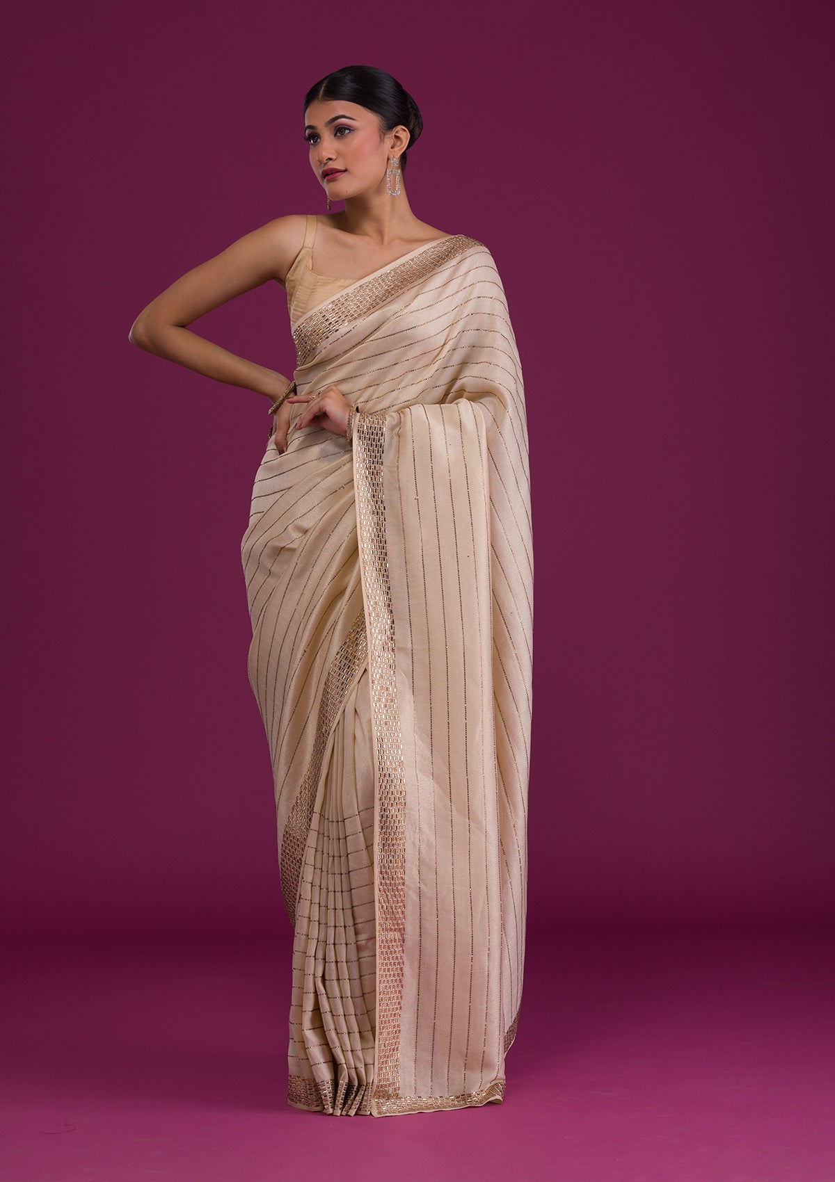 Cream Stonework Satin Unstitched Saree-Koskii