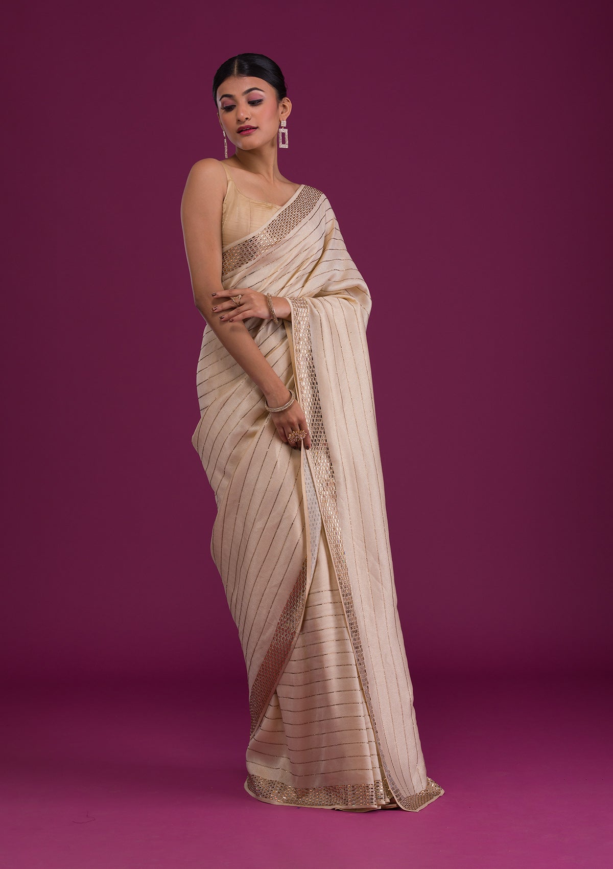 Cream Stonework Satin Unstitched Saree-Koskii