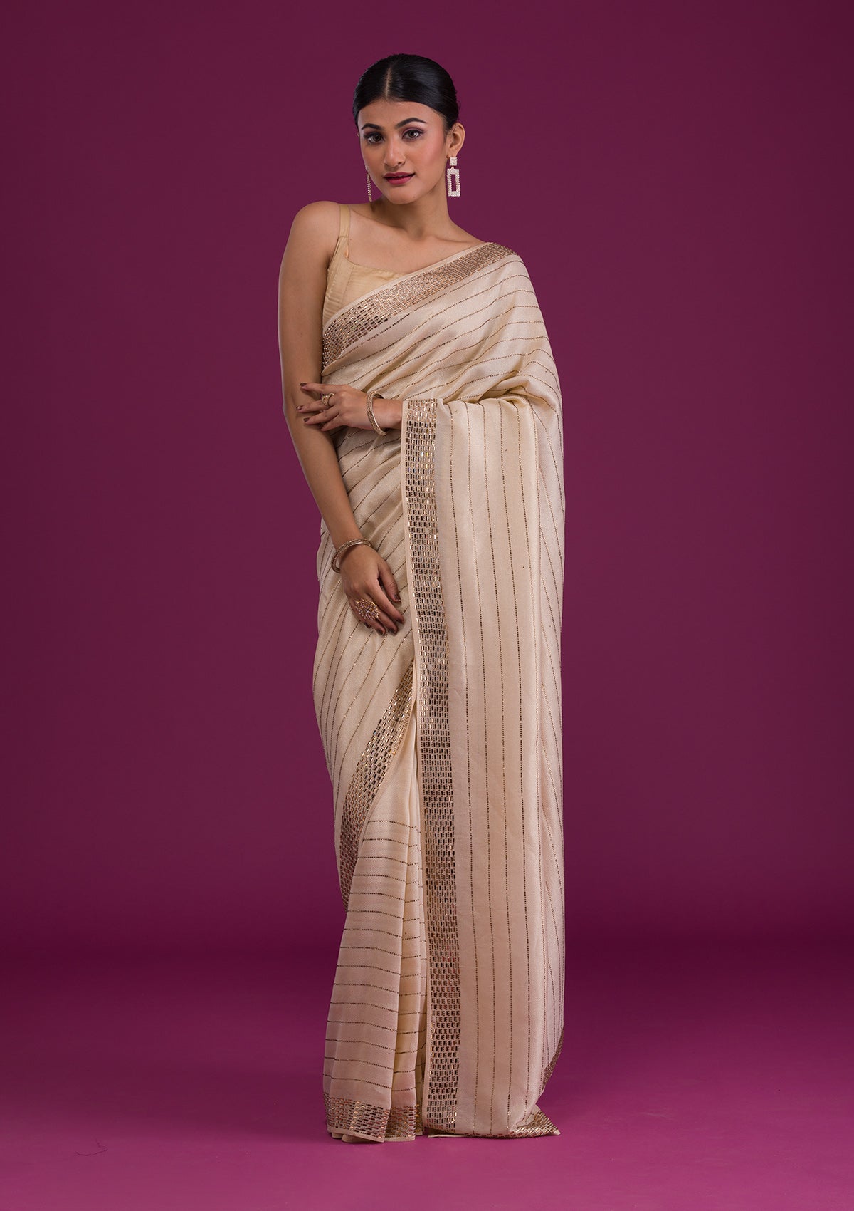 Cream Stonework Satin Unstitched Saree-Koskii