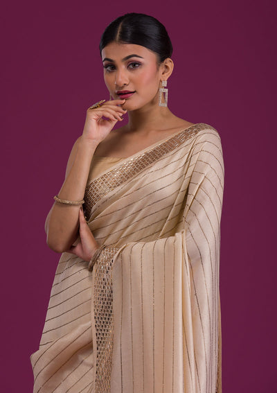 Cream Stonework Satin Unstitched Saree-Koskii