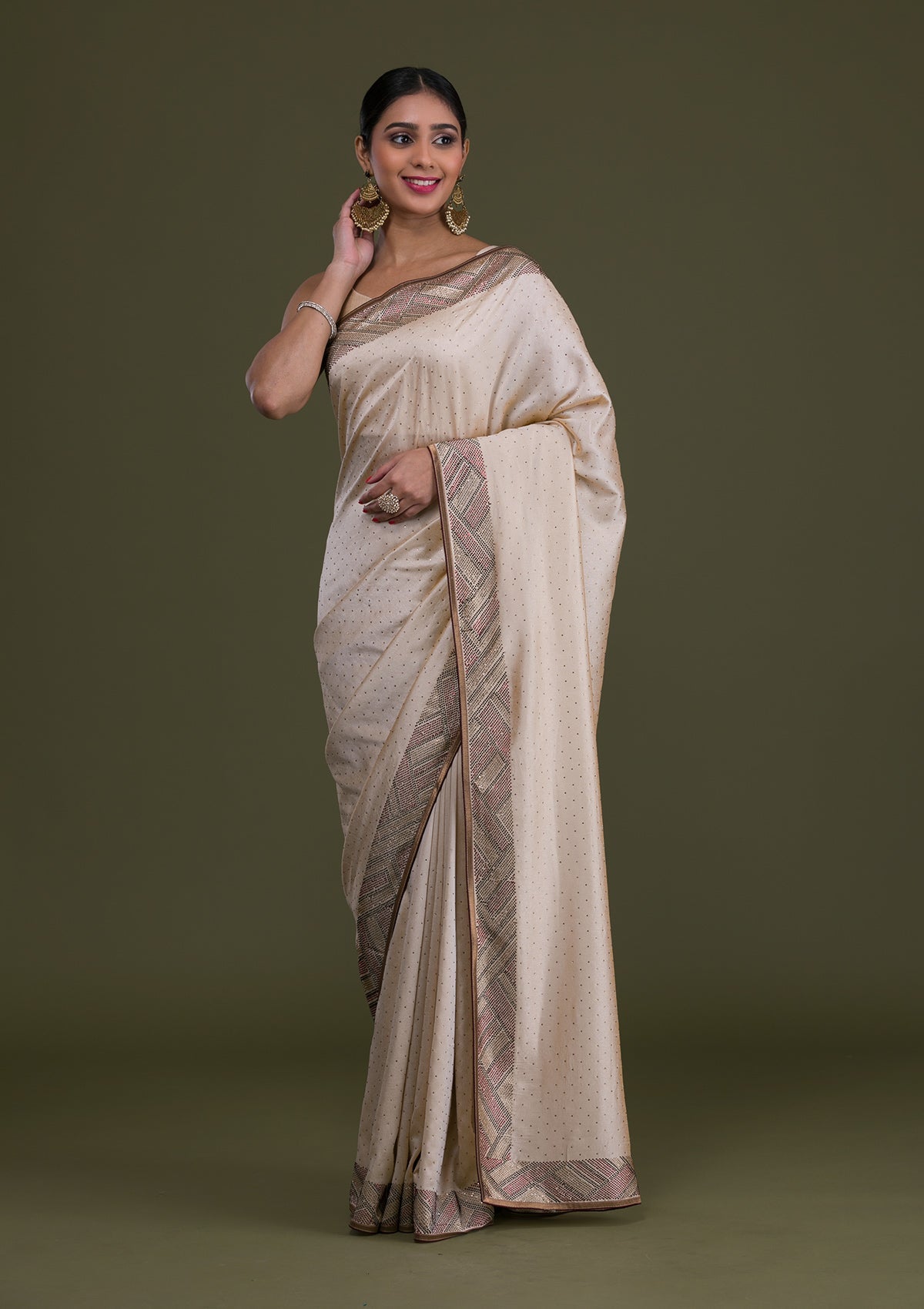 Cream Stonework Satin Saree-Koskii