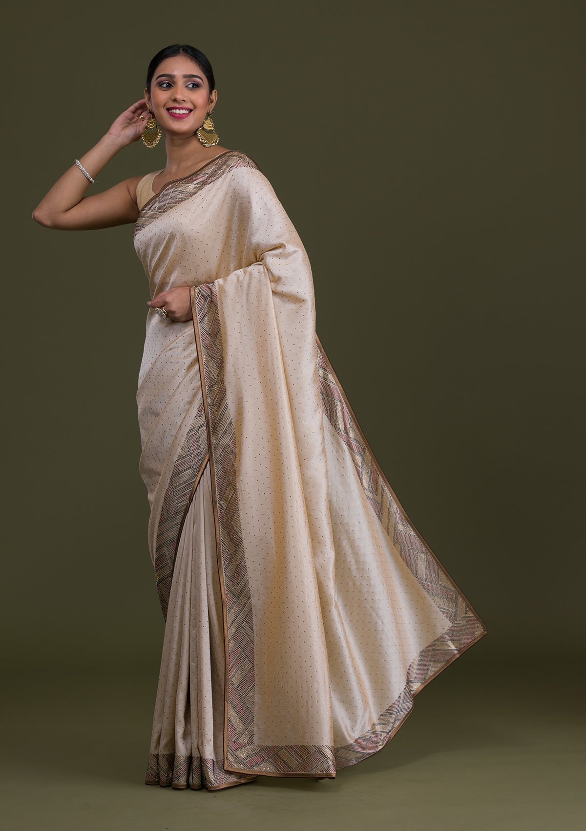 Cream Stonework Satin Saree-Koskii