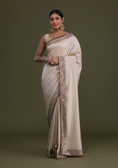 Cream Stonework Satin Saree-Koskii