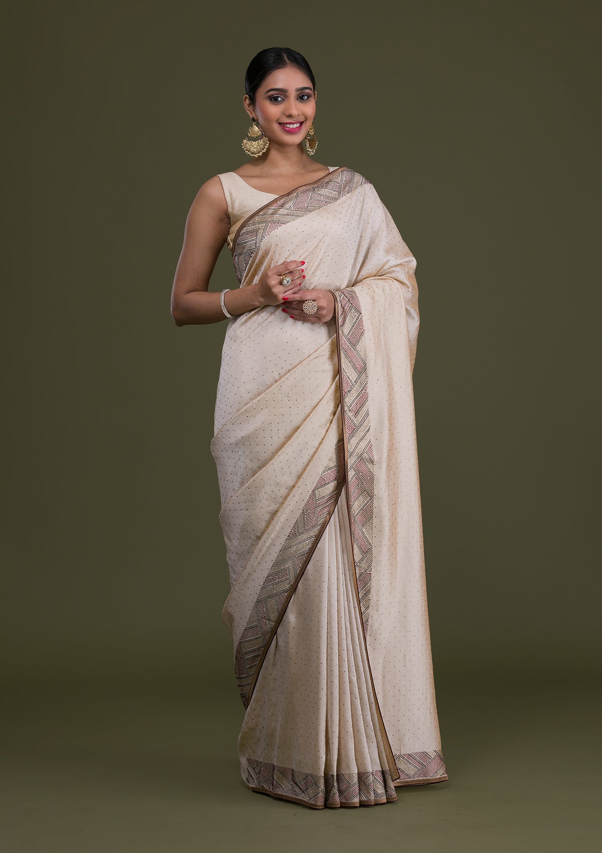 Cream Stonework Satin Saree-Koskii