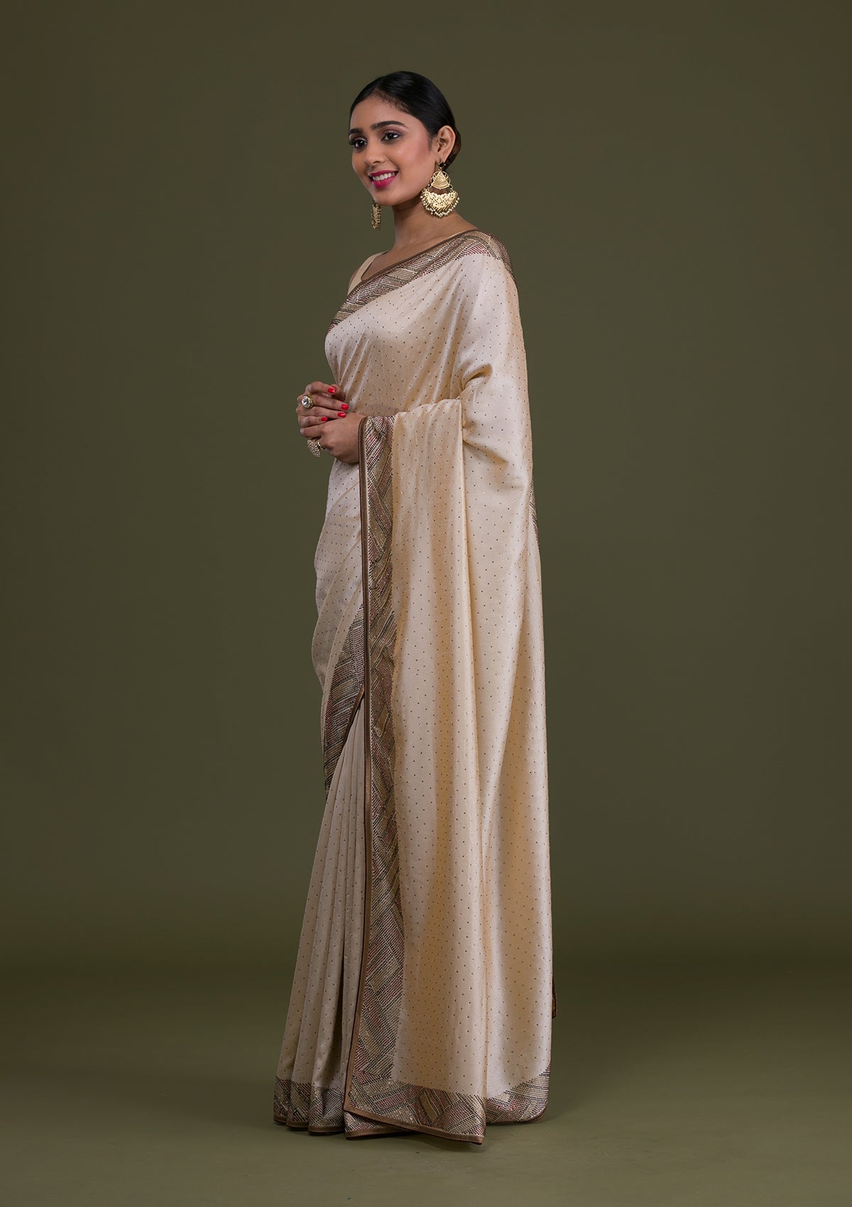 Cream Stonework Satin Saree-Koskii