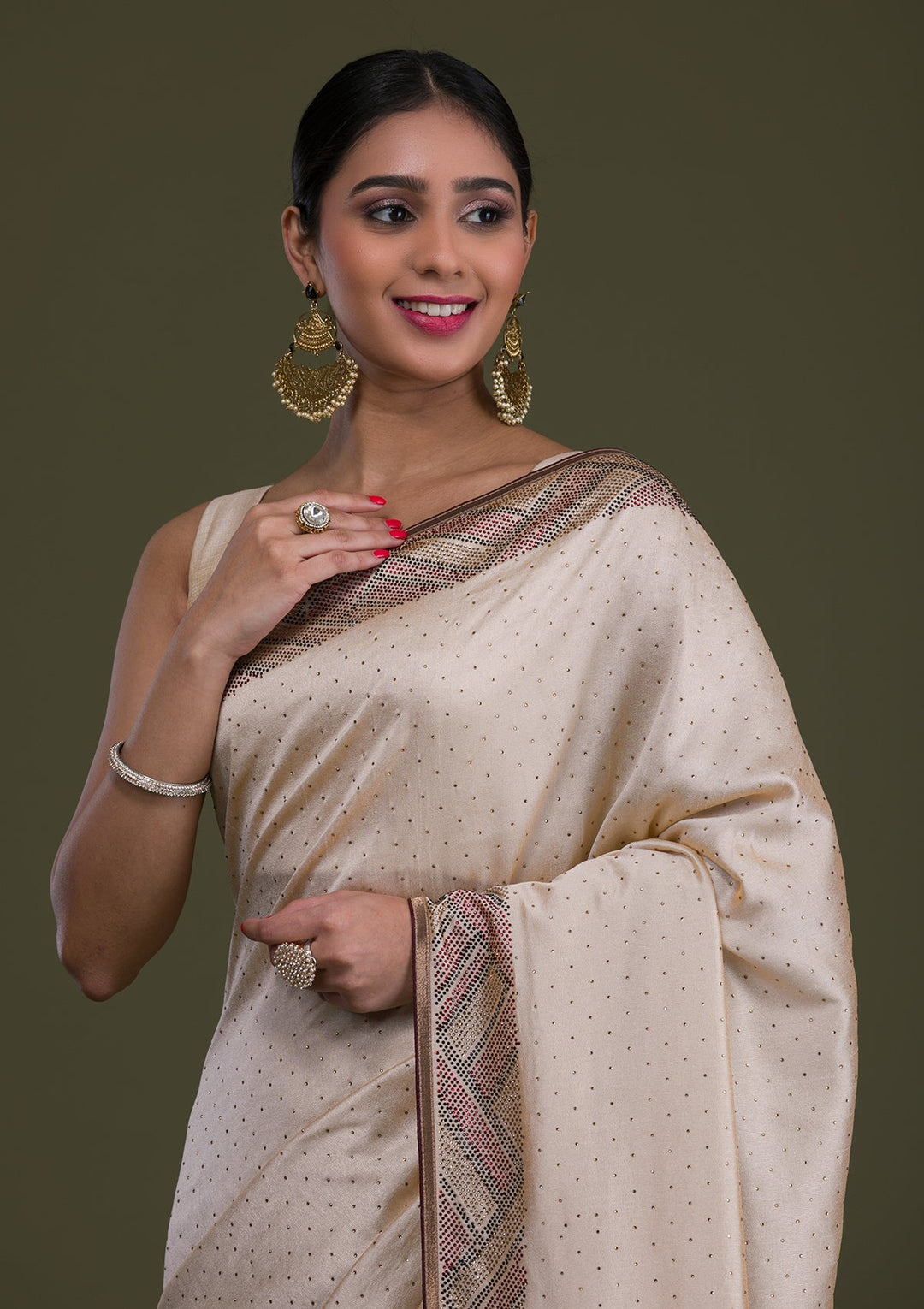 Cream Stonework Satin Saree-Koskii