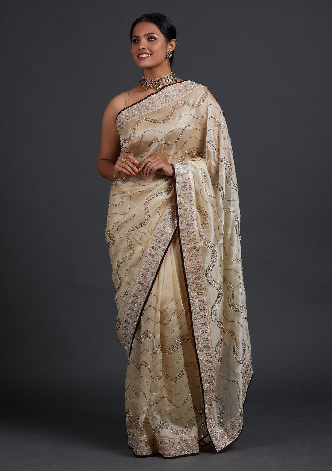 Cream Stonework Tissue Designer Saree - Koskii