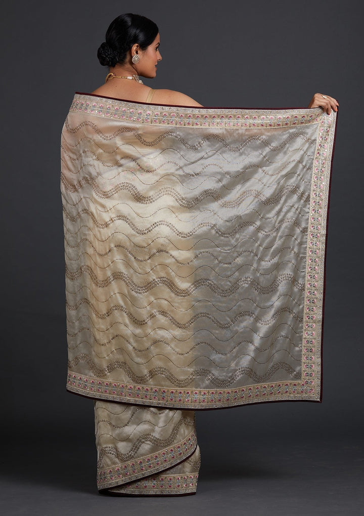 Cream Stonework Tissue Designer Saree - Koskii