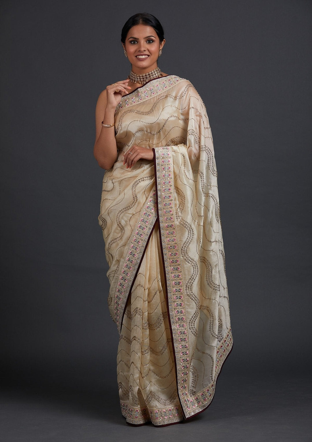 Cream Stonework Tissue Designer Saree - Koskii