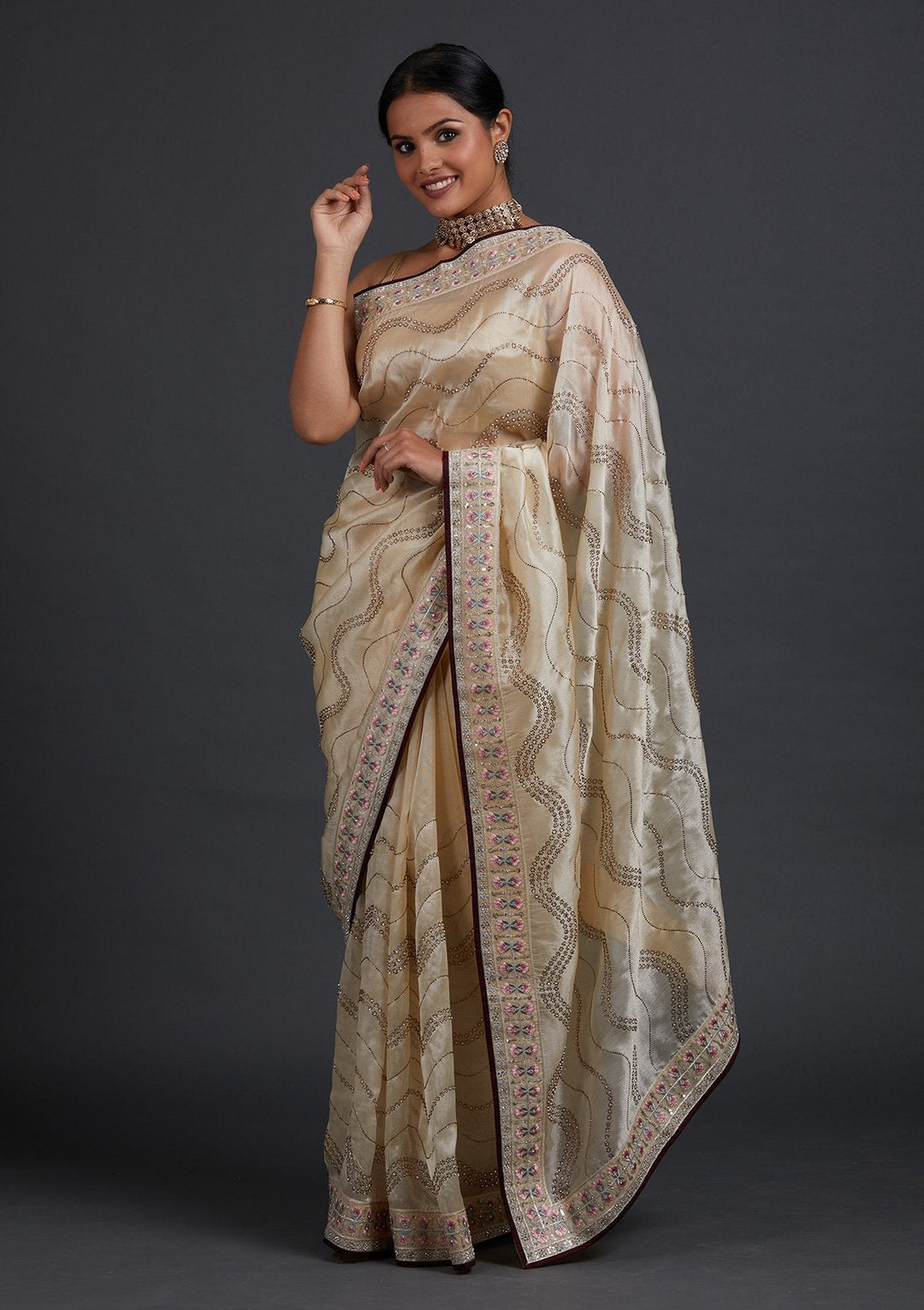 Cream Stonework Tissue Designer Saree - Koskii