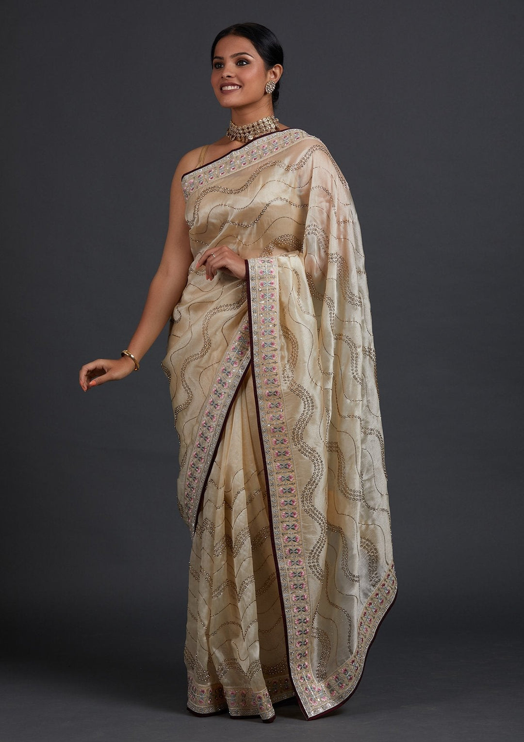 Cream Stonework Tissue Designer Saree - Koskii