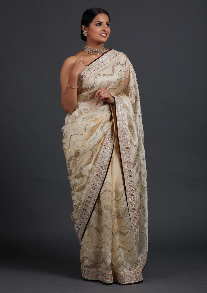 Cream Stonework Tissue Designer Saree - Koskii