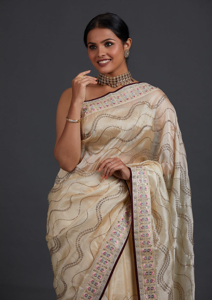 Cream Stonework Tissue Designer Saree - Koskii