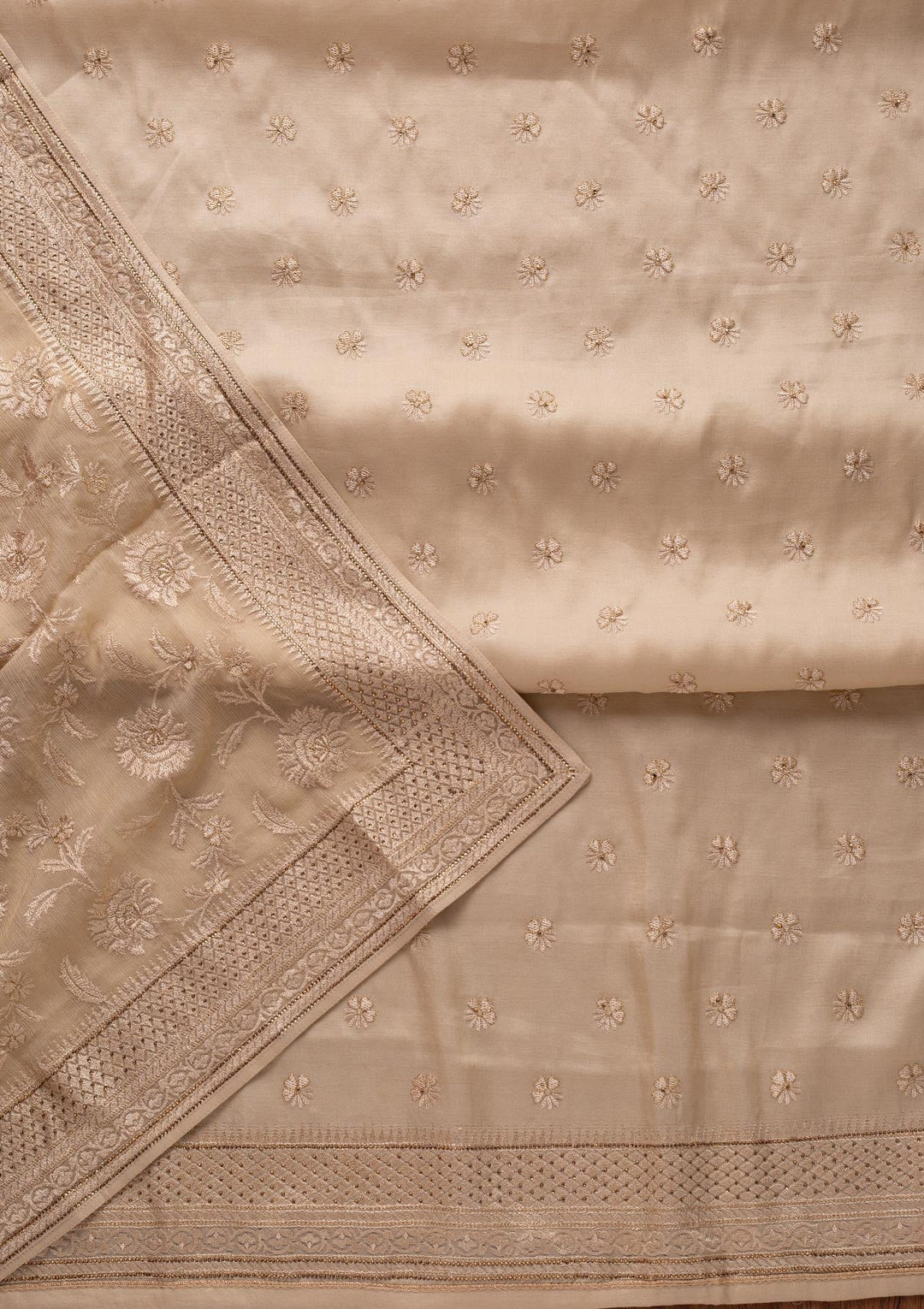 Cream Swarovski Chanderi Designer Unstitched Salwar Suit - koskii