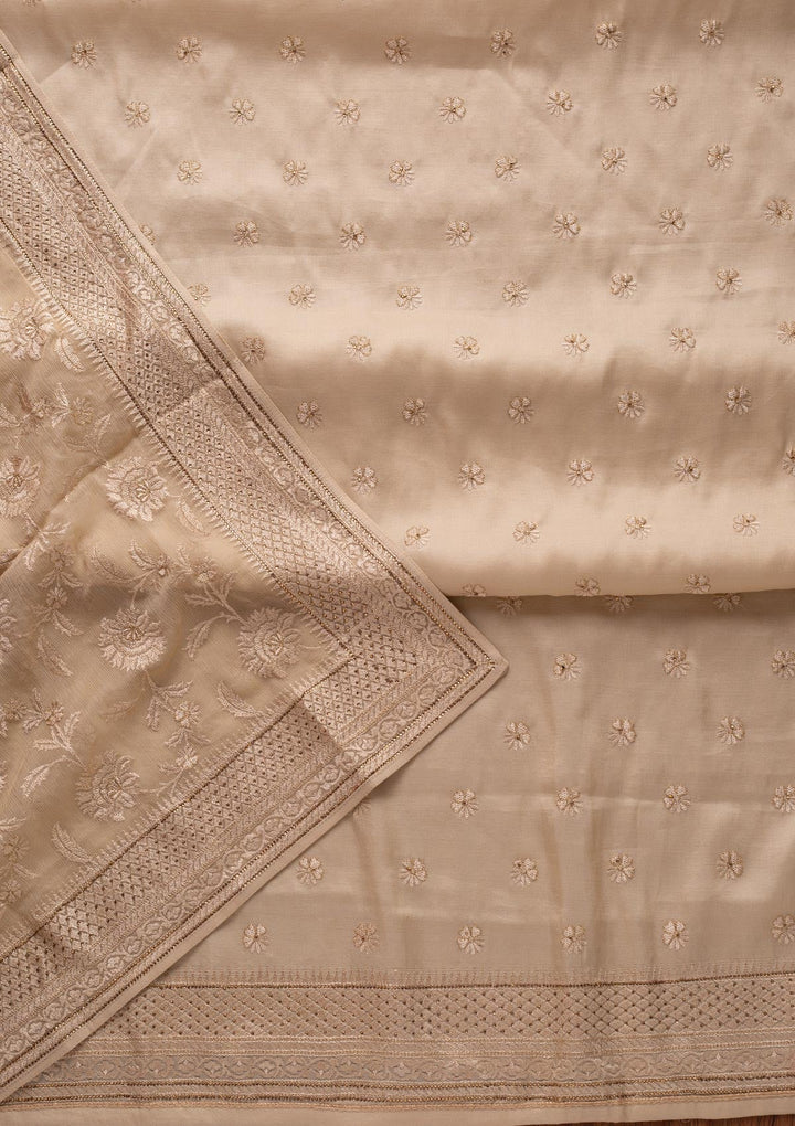 Cream Swarovski Chanderi Designer Unstitched Salwar Suit - koskii