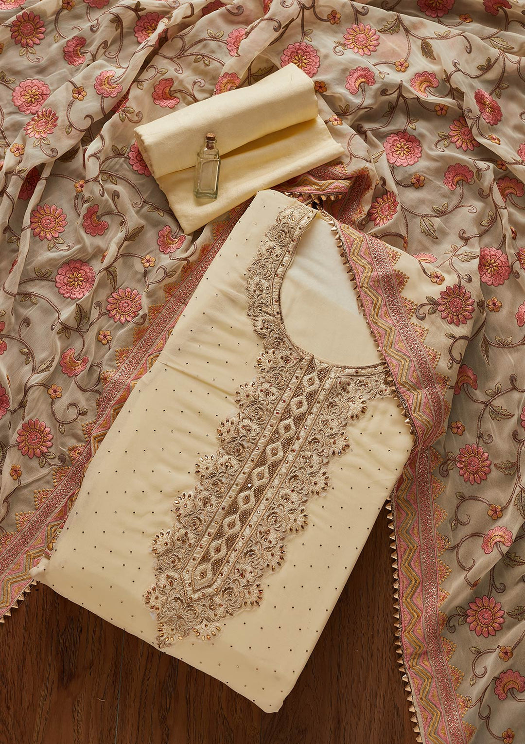 Cream Swarovski Georgette Designer Unstitched Salwar Suit - koskii