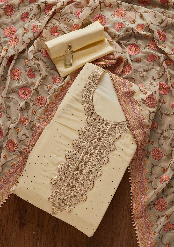 Cream Swarovski Georgette Designer Unstitched Salwar Suit - koskii