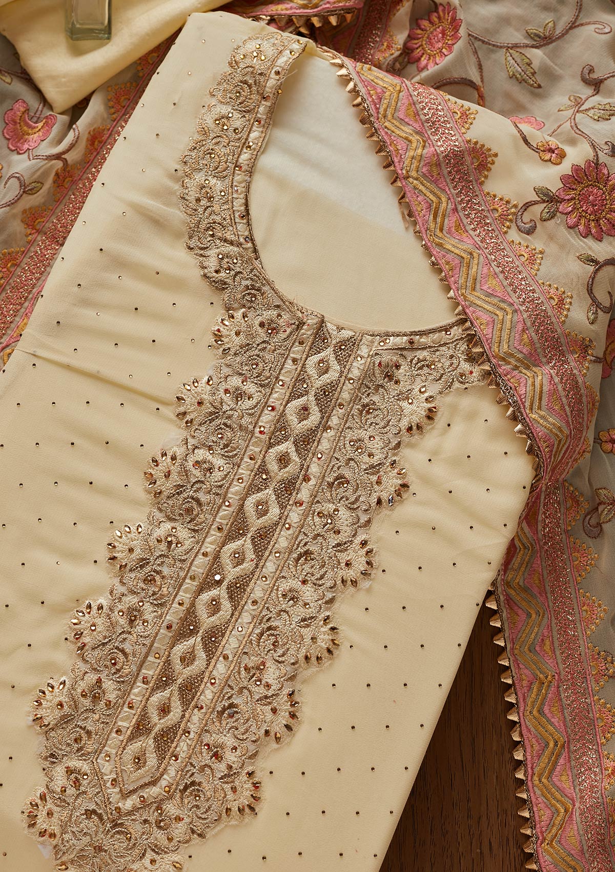 Cream Swarovski Georgette Designer Unstitched Salwar Suit - koskii