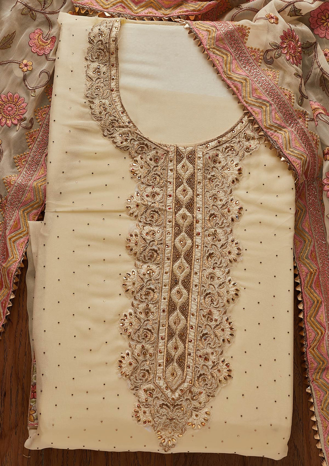 Cream Swarovski Georgette Designer Unstitched Salwar Suit - koskii