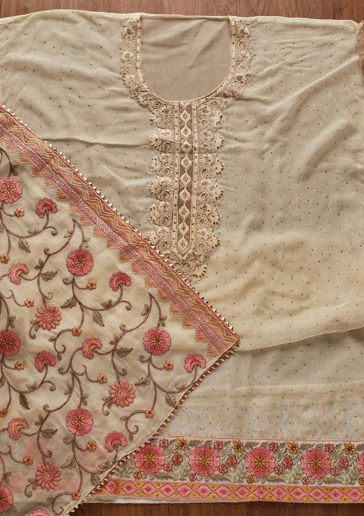 Cream Swarovski Georgette Designer Unstitched Salwar Suit - koskii