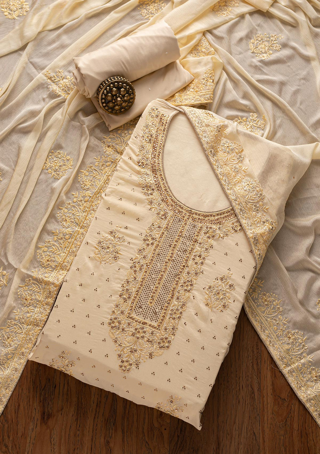 Cream Swarovski Semi Crepe Designer Unstitched Salwar Suit - koskii