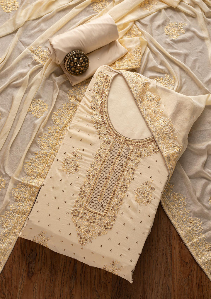 Cream Swarovski Semi Crepe Designer Unstitched Salwar Suit - koskii