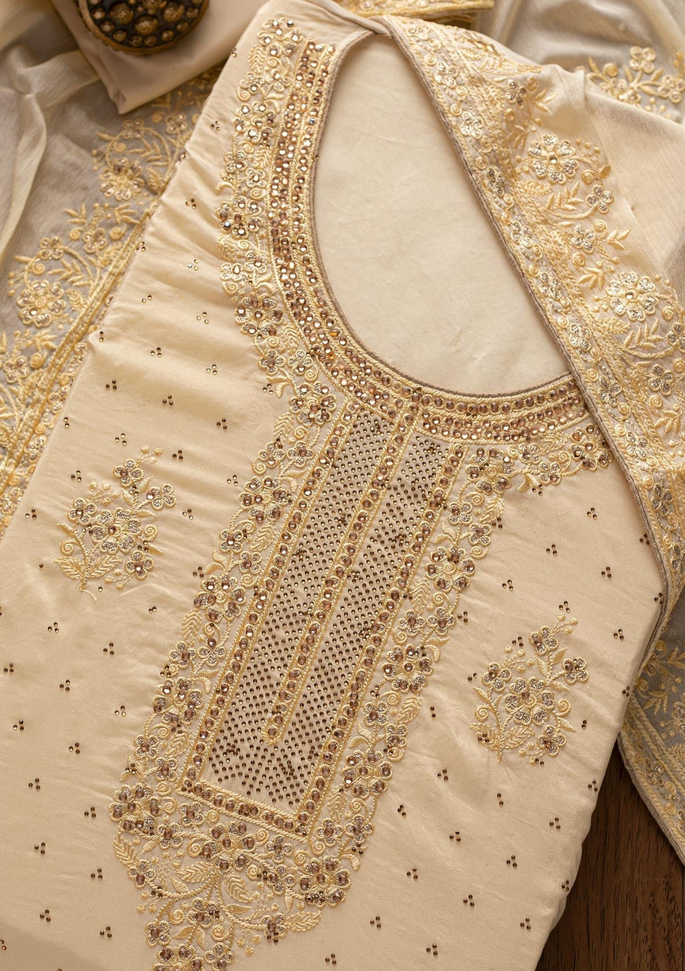 Cream Swarovski Semi Crepe Designer Unstitched Salwar Suit - koskii