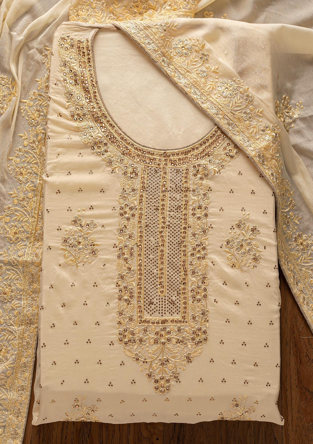 Cream Swarovski Semi Crepe Designer Unstitched Salwar Suit - koskii