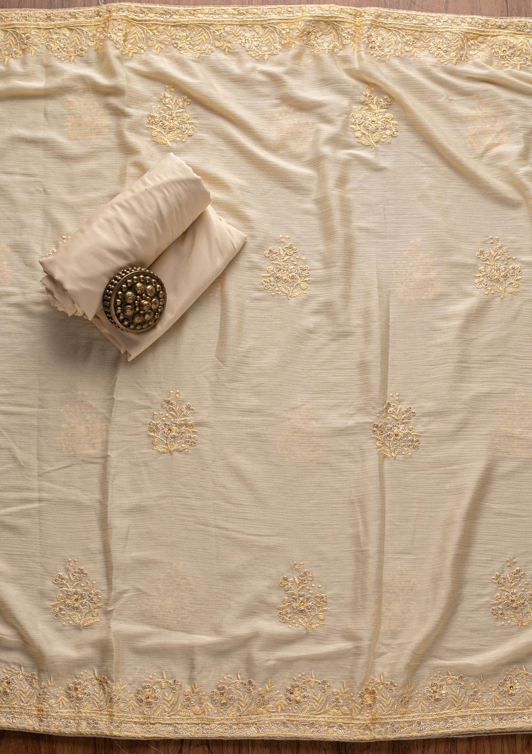 Cream Swarovski Semi Crepe Designer Unstitched Salwar Suit - koskii
