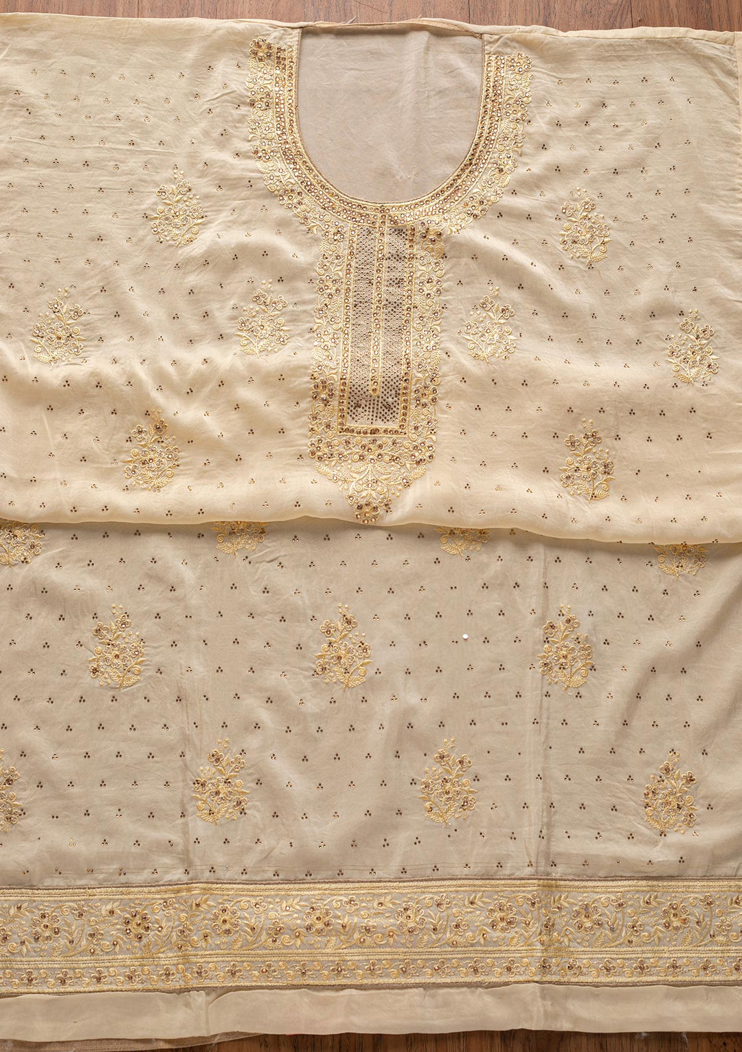 Cream Swarovski Semi Crepe Designer Unstitched Salwar Suit - koskii
