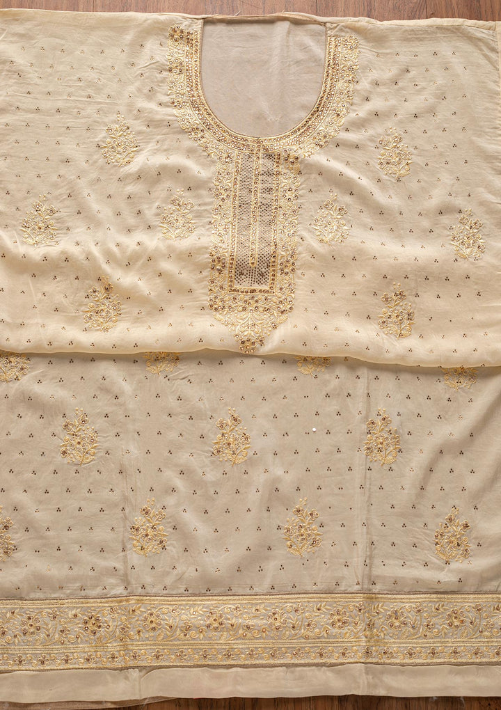 Cream Swarovski Semi Crepe Designer Unstitched Salwar Suit - koskii