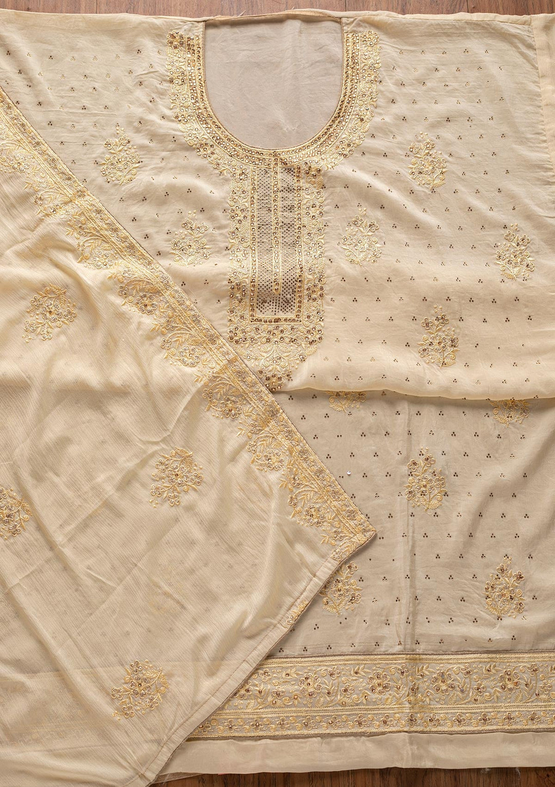 Cream Swarovski Semi Crepe Designer Unstitched Salwar Suit - koskii
