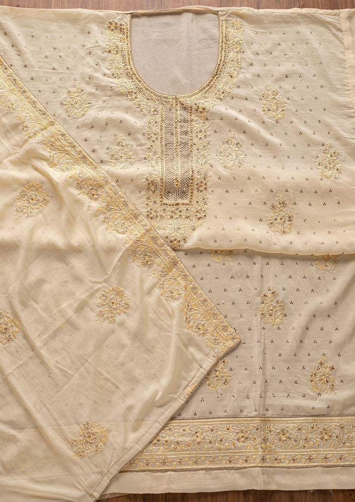 Cream Swarovski Semi Crepe Designer Unstitched Salwar Suit - koskii