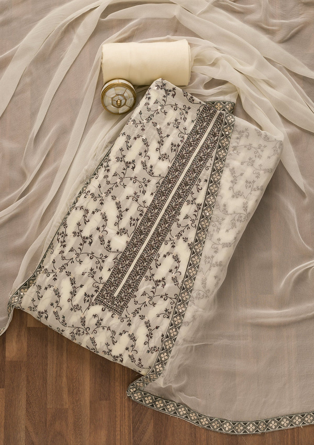Cream Cutdana Art Silk Unstitched Salwar Kameez-Koskii