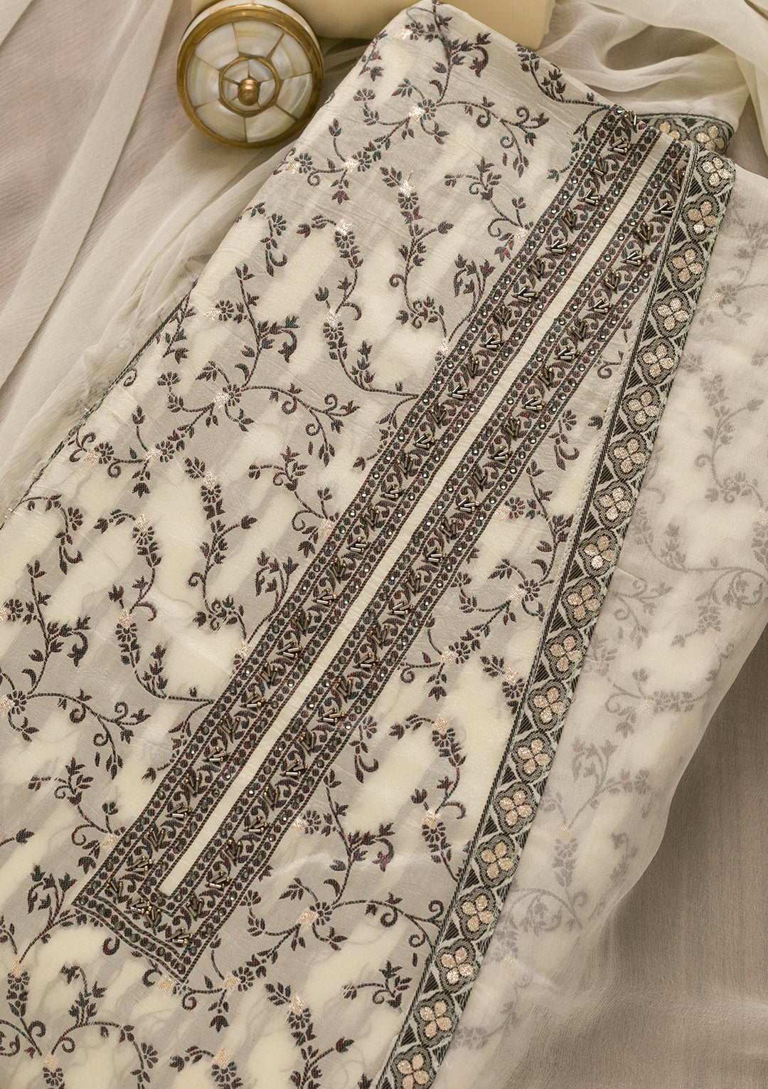 Cream Cutdana Art Silk Unstitched Salwar Kameez-Koskii