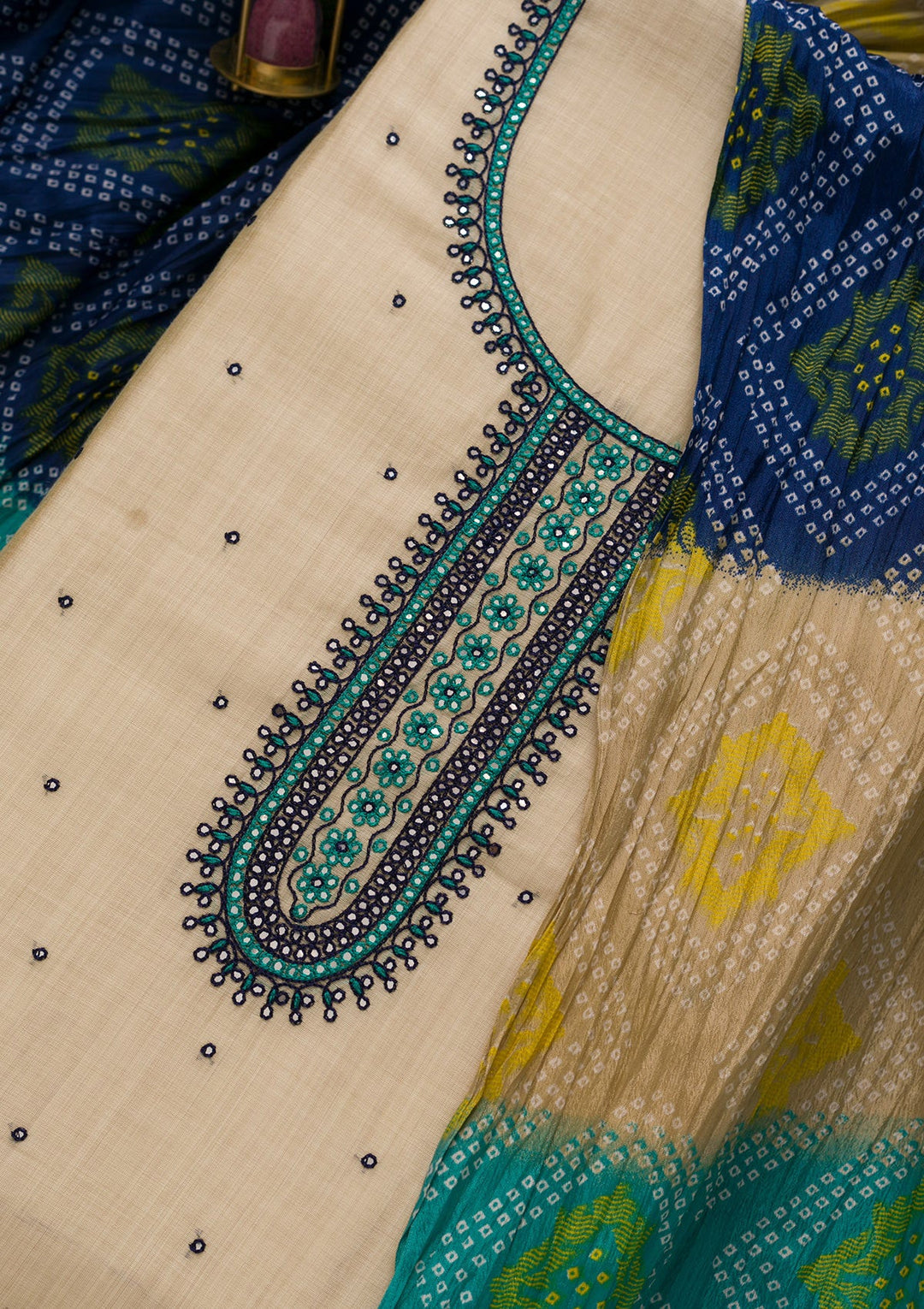 Buy Cream Threadwork Chanderi Unstitched Salwar Suit - Koskii Buy Cream Threadwork Chanderi Unstitched Salwar Suit - Koskii