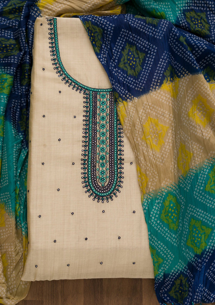 Cream Threadwork Chanderi Unstitched Salwar Suit-Koskii