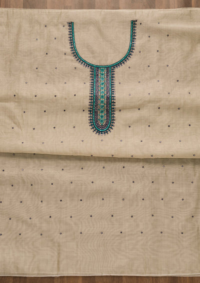 Cream Threadwork Chanderi Unstitched Salwar Suit-Koskii