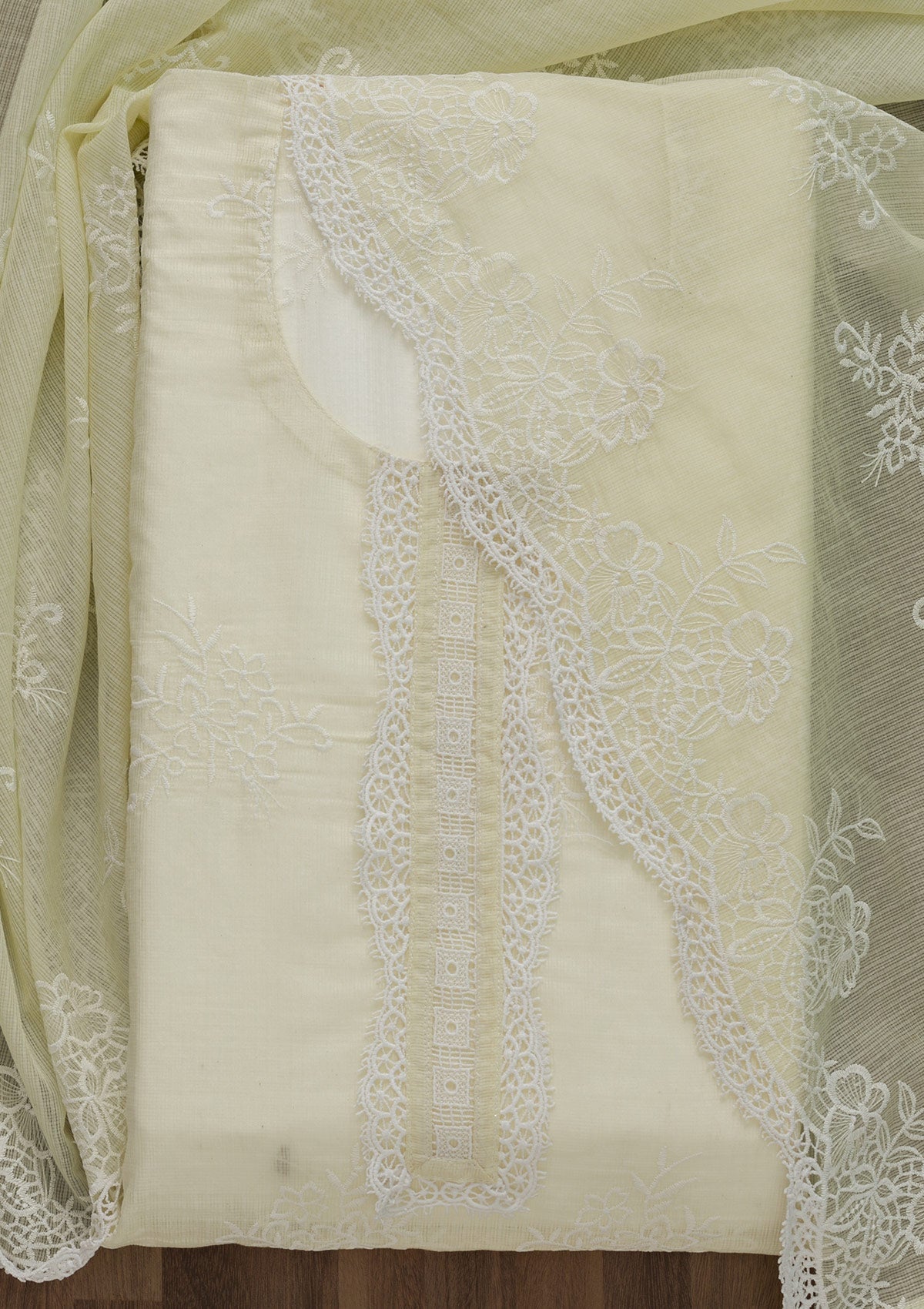 Cream Threadwork Cotton Semi-Stitched Salwar Suit-Koskii