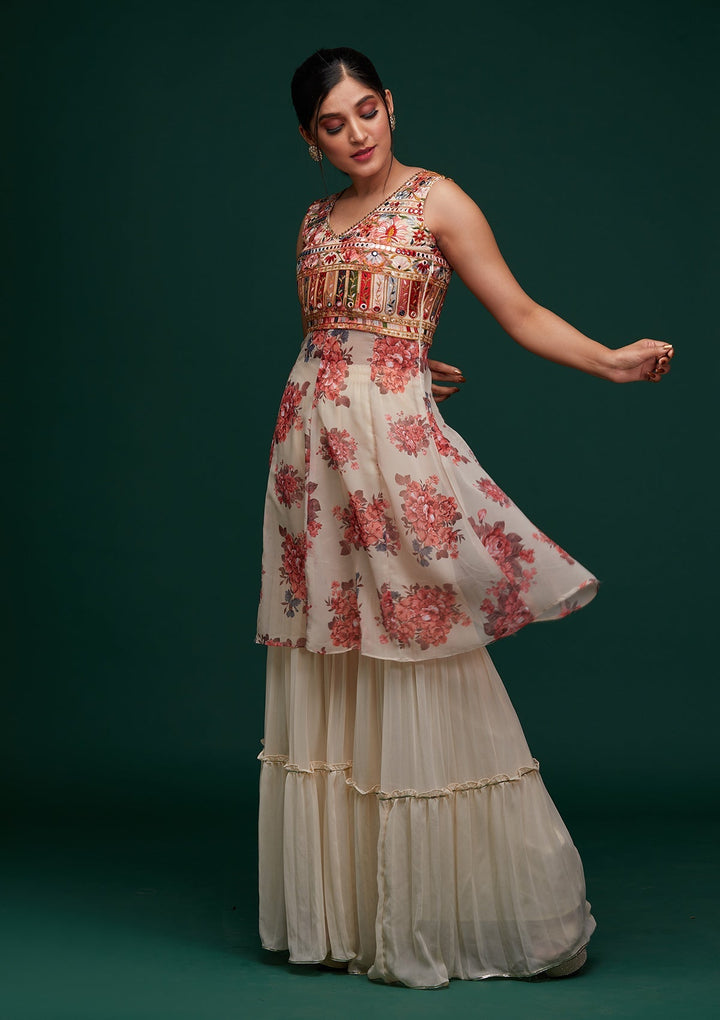 Cream Threadwork Georgette Designer Salwar Suit - Koskii