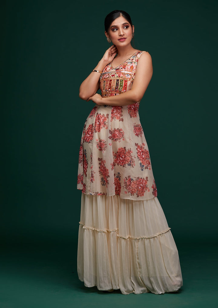 Cream Threadwork Georgette Designer Salwar Suit - Koskii