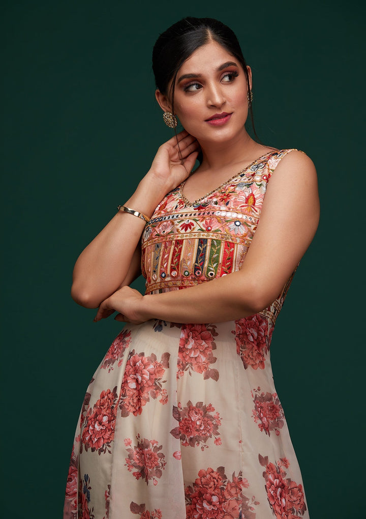 Cream Threadwork Georgette Designer Salwar Suit - Koskii