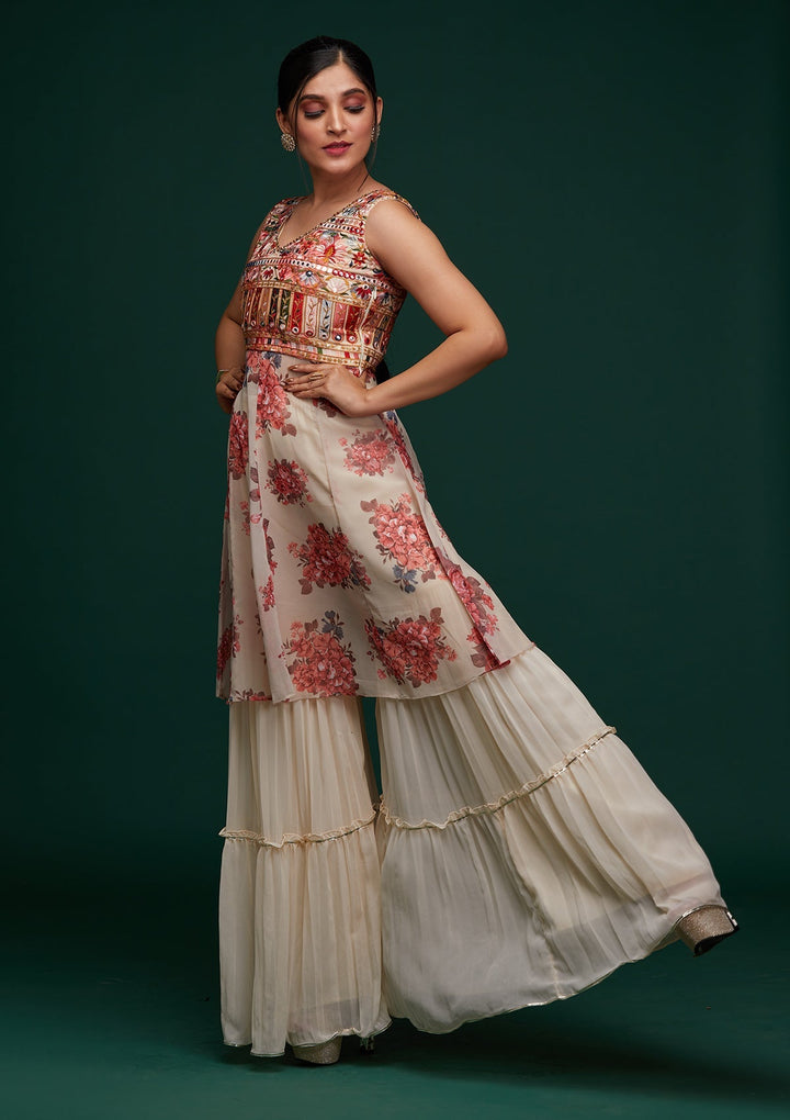 Cream Threadwork Georgette Designer Salwar Suit - Koskii