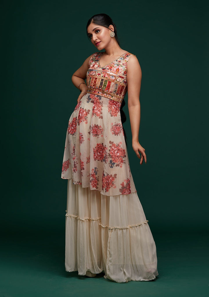 Cream Threadwork Georgette Designer Salwar Suit - Koskii