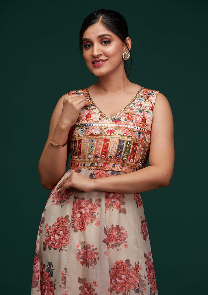 Cream Threadwork Georgette Designer Salwar Suit - Koskii