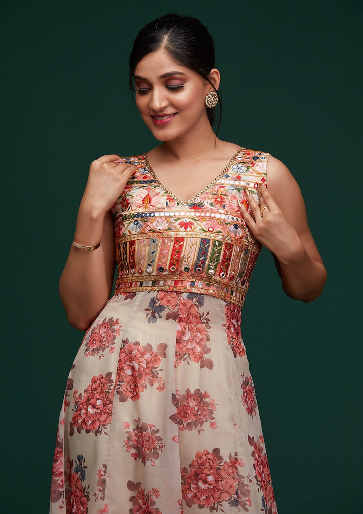 Cream Threadwork Georgette Designer Salwar Suit - Koskii