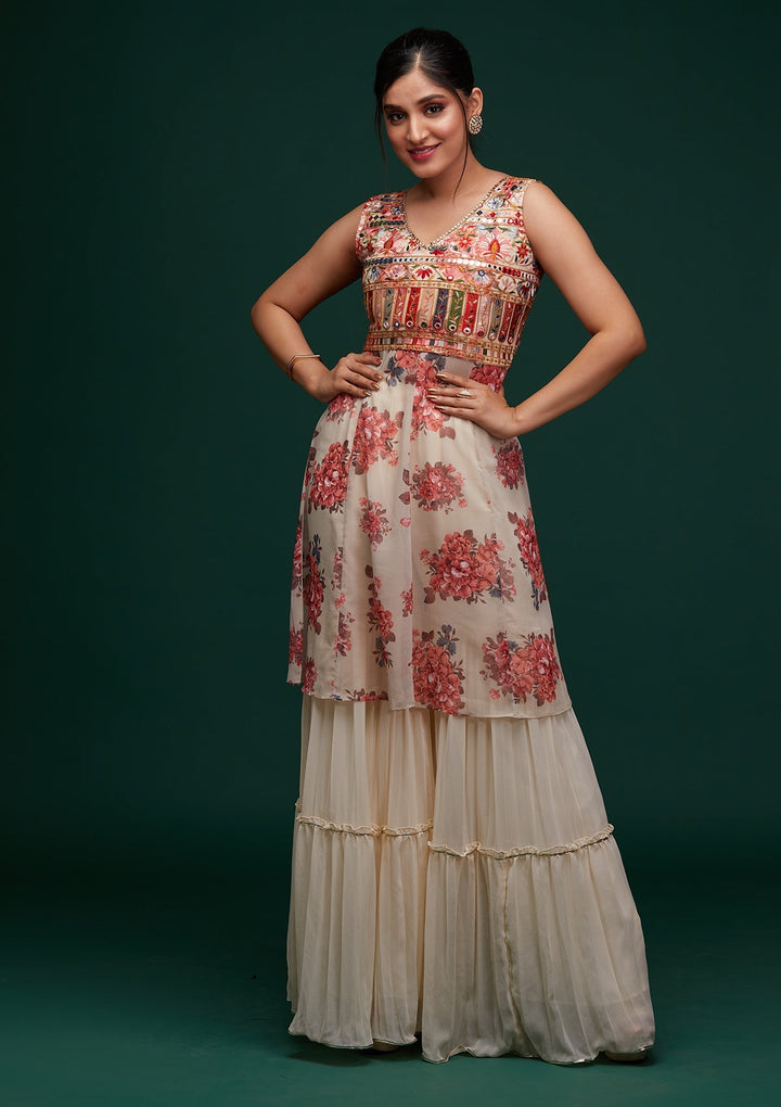 Cream Threadwork Georgette Designer Salwar Suit - Koskii